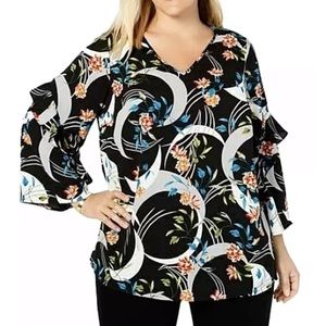 NWT Black Floral Ruffle Long Sleeve Pullover Blouse Top